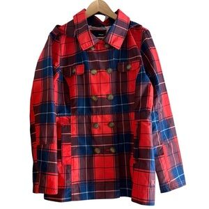 Hurley Vibrant Red & Blue Double breasted Plaid Raincoat/Windbreaker with Hood